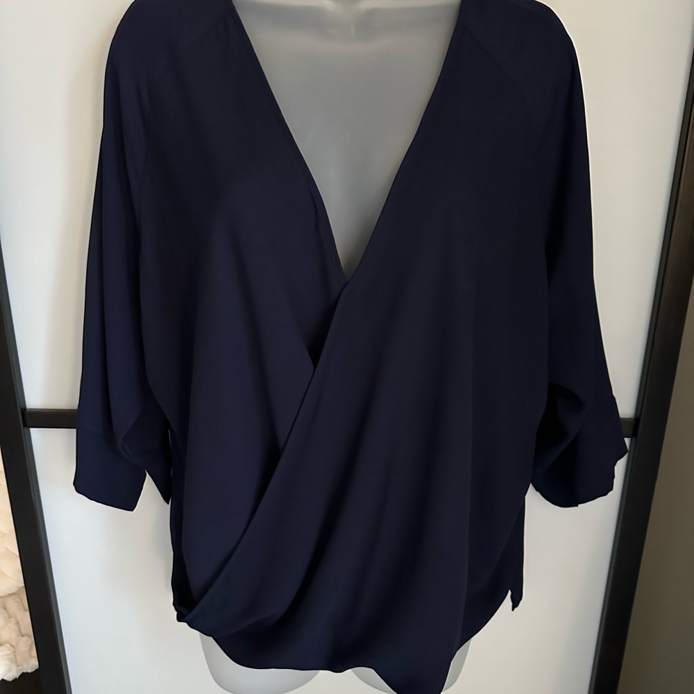 Krisa Relaxed Blue Wrap Top with Cuffed Sleeves